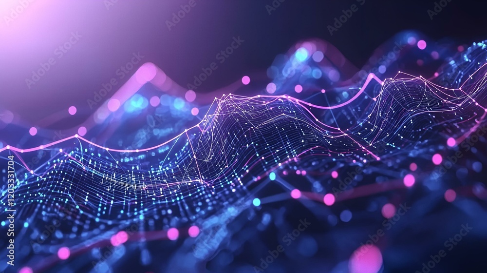 Poster dynamic artwork showcasing vibrant data visualizations, intricate patterns and colors representing c