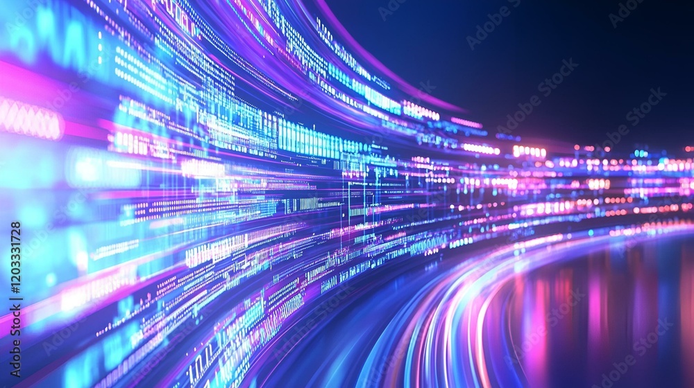 Poster dynamic artwork showcasing vibrant data visualizations, intertwining colors and shapes, representing