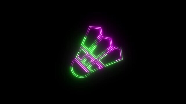 A neon badminton shuttlecock icon spins gracefully, with vibrant trails of light following its motion. The shuttlecock glows, creating a dynamic, energetic, and visually captivating effect.
