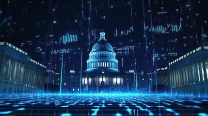 A luminous holographic forex chart hovering in the night sky in front of the Capitol Dome, showing global trade flow and real-time data.