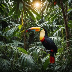 Obraz premium A colorful toucan in a tree, framed by dense jungle foliage with light streaming through.