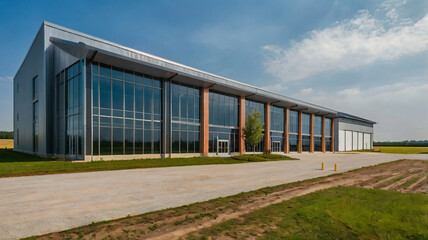 Obraz premium Modern new company warehouse building, farm buildings by the field