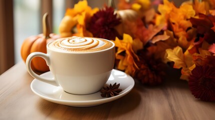 Closeup of a comforting pumpkin spice latte drink on a table accompanied by various fall themed like leaves flowers and a warm rustic atmosphere