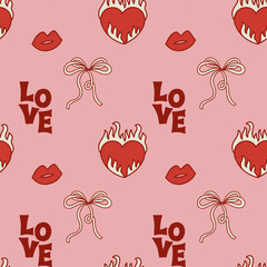 Pattern with bows, lips, hearts and hand lettering. Hand drawn vector pattern. Doodle style. Illustration for wrapping paper, wallpaper, clothing and more.