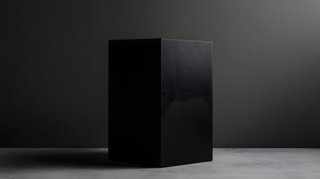 A tall black rectangular block stands on a floor