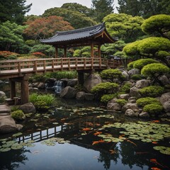 Fototapeta premium A timber bridge leading to a Japanese tea house by a koi pond.