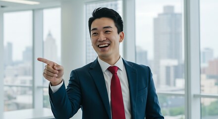 Fototapeta premium Happy Smiling Young Businessman Pointing at Something Professional Portrait Generative AI