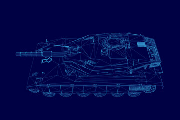 Blue drawing of a tank. The tank is shown in a very detailed and realistic way, with every part of it clearly visible. Scene is one of awe and admiration