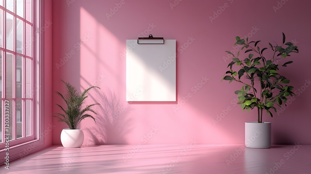 Poster sleek 3d render of a white clipboard placed on a soft pink minimalistic background with clean lines 