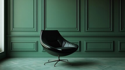 Sleek black chair sits in an empty green room with classic wall panel frames The dark modern luxury design of the studio space highlights the contrast between the bold colors and elegant setup
