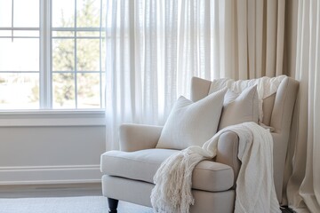 Fototapeta premium A serene family living space with muted tones, layered curtains, and a cozy armchair for relaxing moments