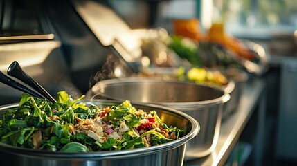 Obraz premium Freshly prepared salad bowls with steaming greens in a vibrant kitchen setting