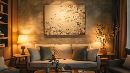 Serene Living Room with Blossom Artwork and Soft Lighting