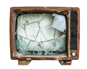 broken vintage television with shattered glass screen, showcasing its worn out exterior and nostalgic design. This evokes sense of nostalgia and loss