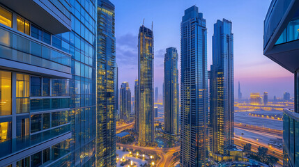 City Skyline at Blue Hour with Modern High-Rise Buildings