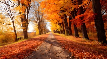 Scenic countryside road covered in a carpet of fallen leaves with colorful trees lining both sides of the winding path creating a picturesque autumn landscape
