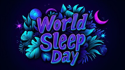 Bold typographic celebration of World Sleep Day, featuring dynamic text and vibrant colors, promoting awareness of sleep health and wellness.