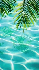 Lush palm leaves fronds mirroring turquoise water sea, casting peaceful summer sunny day reflections across luminous tropical seascape with serene vacation travel background