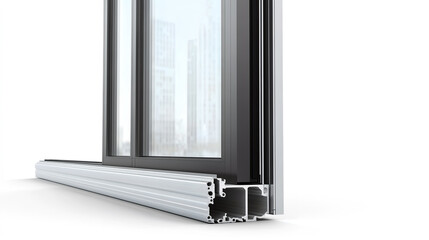 Aluminum profile frames double glazing isolated on white background. PVC metal silver color windows and doors detail cross section.