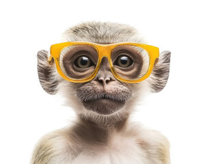 Funny monkey wearing yellow glasses, isolated on transparency background, showcasing playful expression. This adorable animal captures attention with its unique style and charm