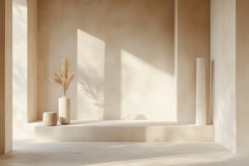 Fototapeta premium A simple room with smooth plaster walls, neutral tones, and clean geometric shapes