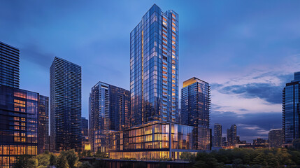Obraz premium City Skyline at Blue Hour with Modern High-Rise Buildings