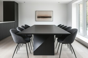 Fototapeta premium A sleek minimalist dining table with a black matte finish, surrounded by bold contemporary chairs