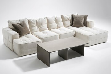 A sleek modular sofa in neutral tones with clean lines, accented by a low modern coffee table