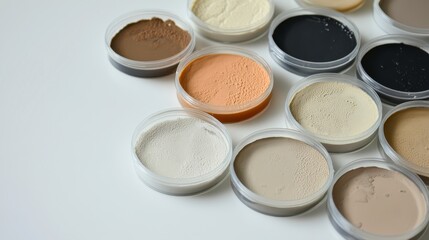 Collection of Various Colored Cosmetic Powders in Clear Containers Displayed on a White Surface for Beauty and Makeup Inspiration