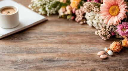 Coffee, flowers, and pills on wooden table; relaxing background for wellness blog