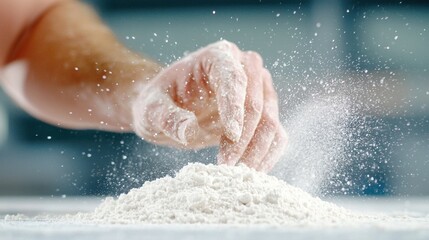 A person sprinkling flour on top of a table
