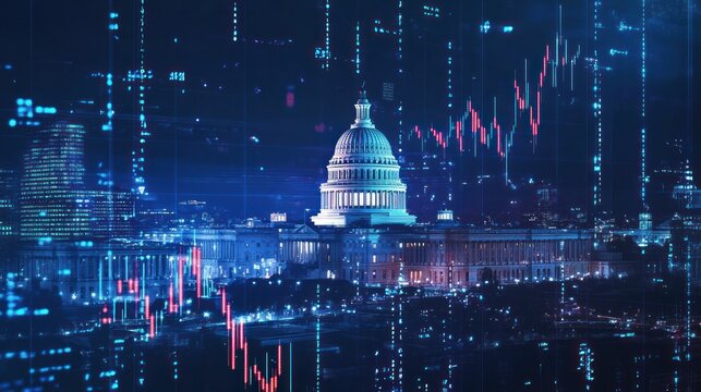 An illuminated Capitol Dome with a holographic forex chart showing currency trends and real-time global trade activities, futuristic vibe.