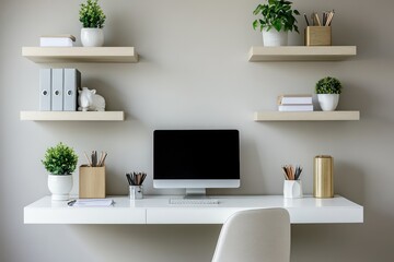 A sleek workspace with a floating desk, minimal shelves, and a neutral color scheme