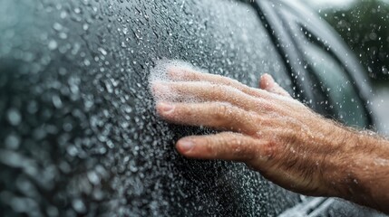 Fototapeta premium A person washing a car with water droplets on the windshield