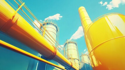 A yellow gas pipe stretching towards gas storage tanks under a sunny blue sky, with soft clouds adding a serene industrial aesthetic