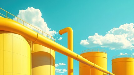 A yellow gas pipe stretching towards gas storage tanks under a sunny blue sky, with soft clouds adding a serene industrial aesthetic