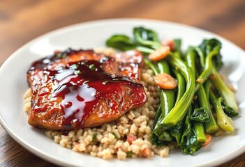 Deliciously glazed pork with bok choy and rice. Close-up of a plate of savory food showcasing glazed pork tenderloin over a bed of rice accompanied by a vibrant side of stir-fried bok choy