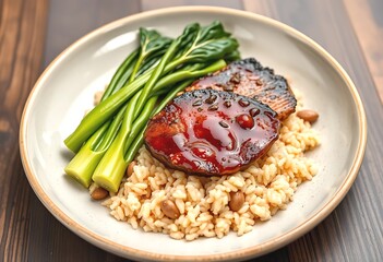 Delicious Asian-Inspired Meal with Grilled Pork and Rice. A close-up view of a plate featuring grilled pork stir-fried bok choy and a bed of seasoned rice