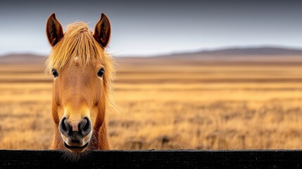 Obraz premium A brown horse looking over a fence in a field