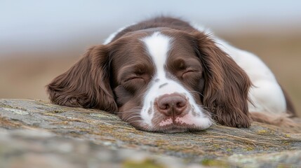 A brown and white dog sleeping on top of a rock
