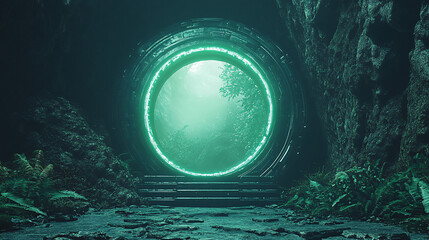 A giant bio-dome housing a lush rainforest, surrounded by towering futuristic structures and glowing pathways 