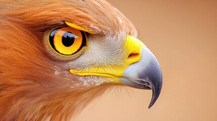 A close up of a bird of prey with yellow eyes