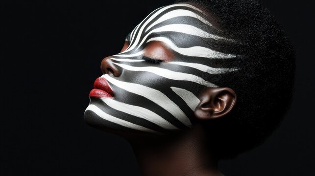 A woman with a zebra print face paint on her face