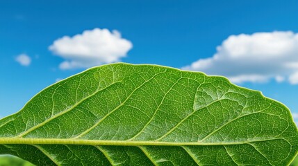Obraz premium A close up of a green leaf with a blue sky in the background
