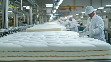 Bed manufacturing factory showcasing an assembly line of workers installing foam layers, springs, and covers on mattresses.
