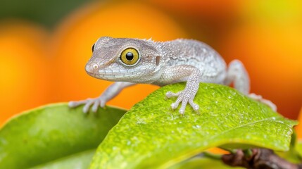 Obraz premium A small lizard sitting on top of a green leaf