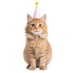 Cat wearing colorful birthday party hat celebrating its special day with joy and playful attitude in a festive mood.