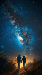 Obraz premium A couple walks along a path illuminated by a warm glow, surrounded by a starry night, reflecting love and adventure under a cosmic sky