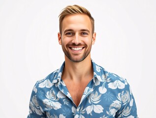 Cheerful young man wearing a shirt, radiating happiness and positivity, against a bright white background, creating a bright and relaxing atmosphere.