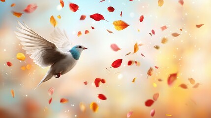 A white dove flying through the air surrounded by falling leaves